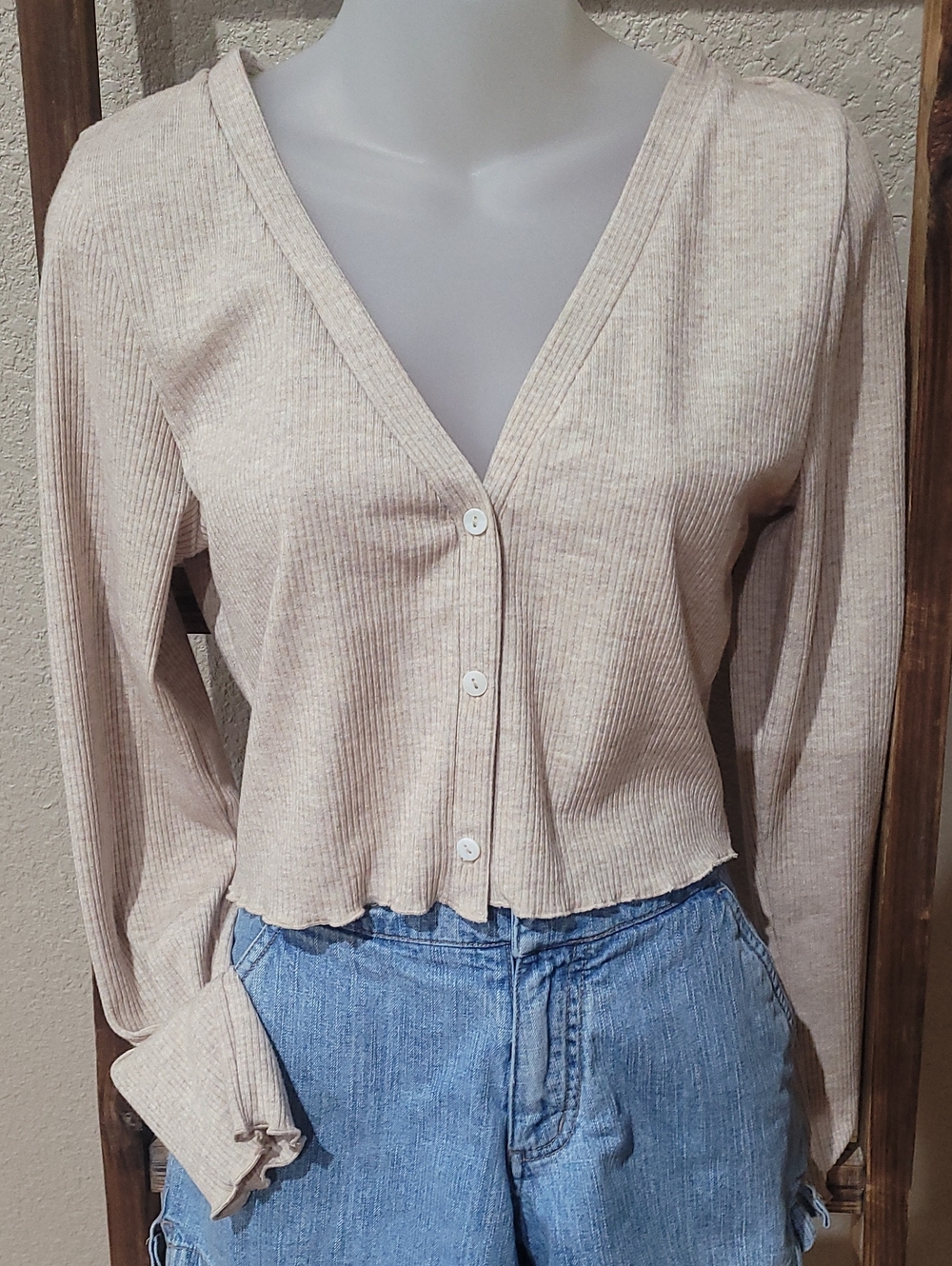 Love Tree Beige Ribbed Button-Front Cropped Shirt